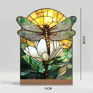 Colorful floral acrylic tabletop ornament with dragonfly design, stylish desktop decor piece.