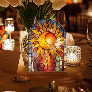 Stained glass style sun moon acrylic table ornament with wooden base for home decor.