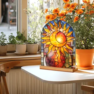Sun And Moon Acrylic Tabletop Ornament Stained Glass Style Decorative Desk Acrylic Art Piece With Wooden Base