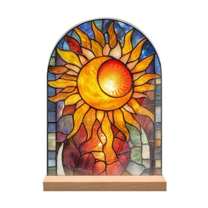 Arch stained glass style sun moon acrylic ornament with wooden base for desktop decor.