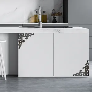 Detail view of acrylic corner decorative stickers with vintage pattern applied on cabinet.