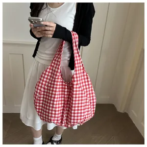 Red white gingham canvas shoulder bag casual cute tote bag for women daily style fashion