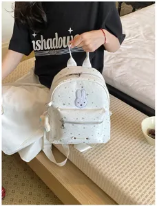 White star print mini backpack with cute cartoon rabbit patch, casual daily fashion bag for women.