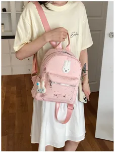 Pink star print mini backpack with cute bunny patch and charm, casual daily cute bags for women.