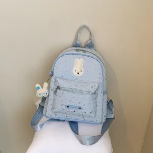 Fashion PU Leather Women Backpack Urban Minimalist Star Printed Casual Travel Daypack Cute Bunny Embroidered Backpack For Girls Everyday matching Bag