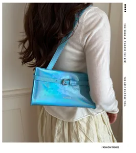 Glossy iridescent blue shoulder bag for women, stylish underarm bag with buckle detail.