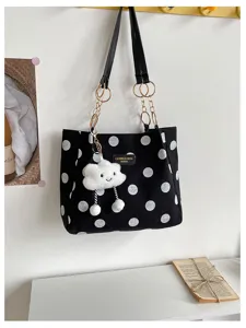 Black polka dot canvas tote bag for women, stylish shoulder bag with cute cloud pendant daily use