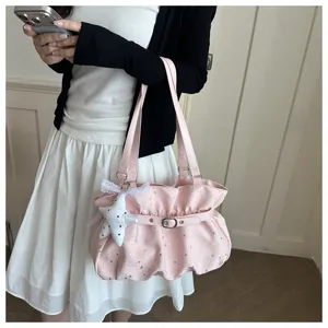 Pink ruffled shoulder bag with star pattern, cute bow and star charm for daily wear.