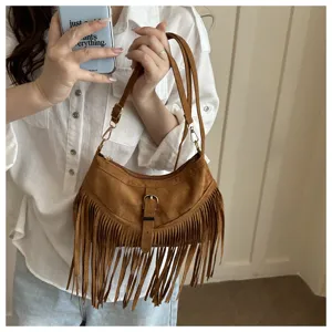 Retro brown fringe suede shoulder bag, stylish minimalist crossbody bag for women's daily wear.