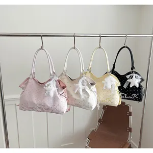 Korean stylish polka dot shoulder bag for women trendy tote handbag with lace star pendant