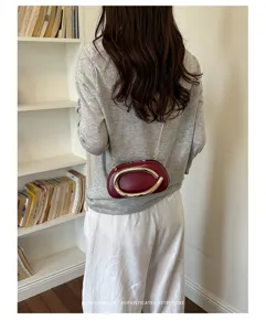 Women minimalist retro shoulder bag unique design chic burgundy leather crossbody handbag