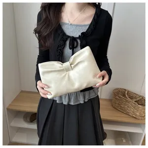 Stylish bow clutch bag for women, pleat design PU leather shoulder bag, trendy commute purse.