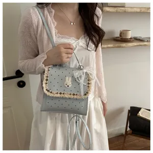 Cute blue polka dot rabbit shoulder bag with lace and pearl trim for women and girls daily use