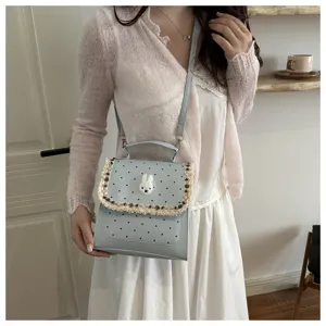 Light blue polka dot backpack cute rabbit patch stylish student school bag casual daypack