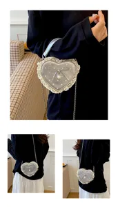 Mini sac à main cœur doux avec nœud en dentelle et pois, sac bandoulière élégant pour femmes.