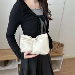 Women's chic bow clutch bag minimalist commuter shoulder bag stylish underarm bag cream white