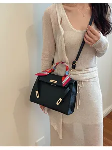 Black ostrich pattern Kelly shoulder bag with chic twilly scarf, elegant women handbag daily