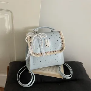 Polka Dot Bunny Backpack For Kids Girls Sweet PU Leather Small Daypack Lace Pearl Bow Applique Student School Bag