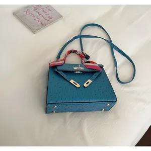 Blue Ostrich Texture Kelly Handbag Elegant Top Handle Crossbody Bag with Twilly Scarf