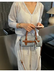 Retro grey barrel shoulder bag for women stylish PU leather crossbody pillow bag daily use