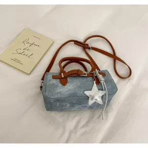 Women vintage denim shoulder bag casual crossbody handbag with star pendant and brown leather.