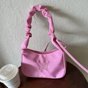 Borsa Sottobraccio da Donna con Ricamo a Farfalla Moda Tracolla Arricciata in Tessuto Oxford Piccola Borsa a Mano con Ciondolo