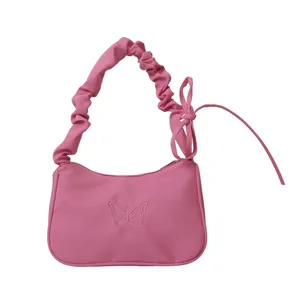 Borsa a spalla in nylon rosa da donna, graziosa borsa sottoascellare plissettata con ricamo farfalla.