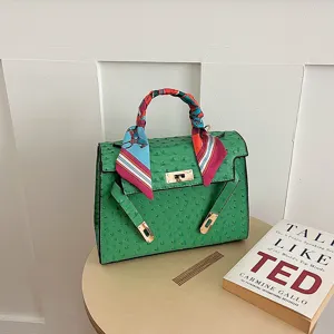 Women Ostrich Pattern Tote Bag PU Leather Kelly Bag Business Commuting Handbag With Silk Scarf Shoulder Crossbody Bag
