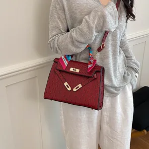 Women ostrich pattern Kelly handbag elegant top handle shoulder crossbody bag daily use