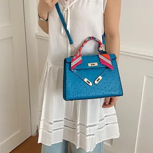 Blue ostrich pattern Kelly bag with scarf handle, chic daily shoulder messenger bag for women.