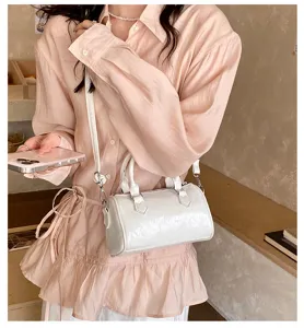 Borsa a mano Boston in pelle verniciata bianca da donna, elegante borsa a tracolla casual.