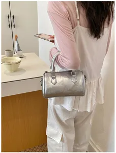 Silver metallic Boston handbag detail view, stylish shoulder crossbody bag for daily women.
