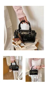 Borsa a mano Boston in pelle verniciata nera da donna, borsa a tracolla trendy per lavoro.