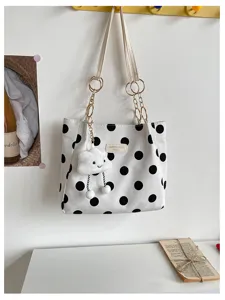 Stylish black and white polka dot tote bag, casual daily shoulder bag with cute cloud charm.