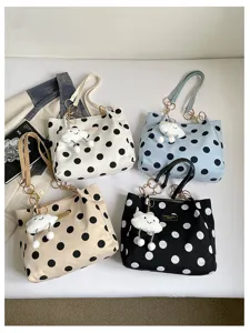 Women large capacity polka dot canvas shoulder bag casual tote bag with cloud pendant for daily use