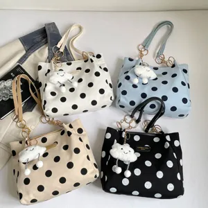 Large capacity polka dot tote bag with cute cloud pendant and chain strap for women fashion daily use.