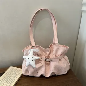 Women's Retro Star Print Shoulder Bag Chic Pleated Hobo Underarm Bag With Buckle Star Pendant PU Leather Casual Tote Bag