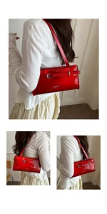 Trendy red patent leather underarm shoulder bag for women, chic minimalist casual daily purse.