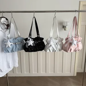 Chic retro women shoulder bag pu leather casual underarm handbag with cute star pendant
