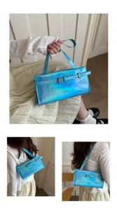 Stylish iridescent blue underarm shoulder bag with buckle detail, chic daily handbag for women.