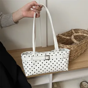 Women Polka Dot PU Leather Shoulder Bag Retro Belt Decorative Underarm Bag Classic Horizontal Square Medium Zipper Handbag for Daily