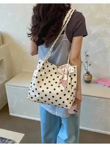 Bolso de hombro con lunares de estilo coreano, bolso tote versátil de gran capacidad trenzado.