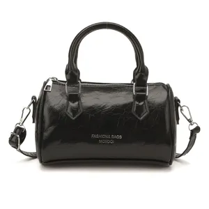 Black patent leather boston handbag stylish crossbody shoulder bag for modern women daily use