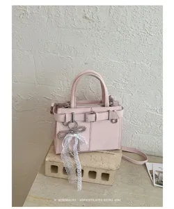 Rosa Retro Damen Achseltasche Fruehling Mode schicke kleine quadratische Tasche Perlen Schleife.