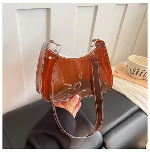 Braune transparente Hobo-Umhängetasche, stilvolle glänzende PU-Achseltasche mit Reißverschluss.