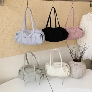 Women Casual Knit Large Capacity Tote Bag Solid Color Pleated Shoulder Bag Versatile Daily Commuter Handbag