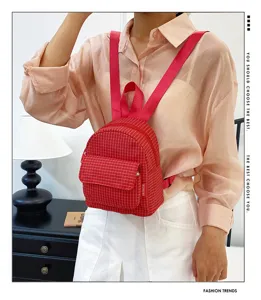 Casual red plaid mini backpack for women, cute Mori style sweet dual shoulder daypack.