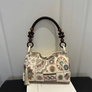 Vintage Bestickte Einkaufstasche Für Damen Schicke Canvas Umhängetasche Mit Holzperlen Quaste Elegante Unterarm Handtasche