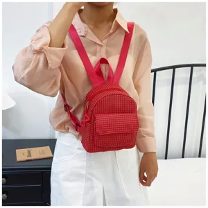 Red plaid mini backpack detail view, cute casual daily small book bag for women and teens.