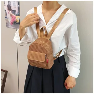 Mini brown plaid backpack for women, casual school bag, cute daily daypack, detail view.